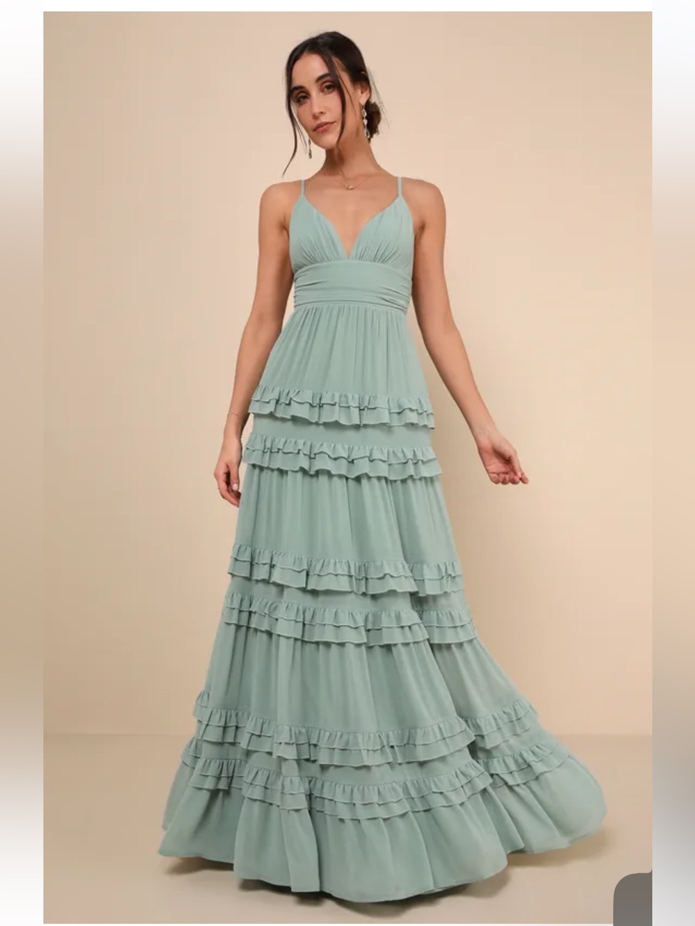 NWT Lulus Lavish Perfection Sage Green Ruffled Tiered Maxi Dress